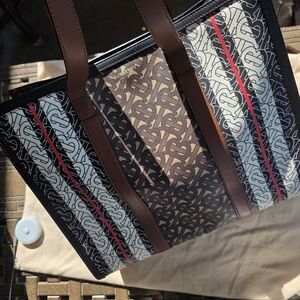 Burberry Monogram Stripe Tote in Brown, Black, White and Red